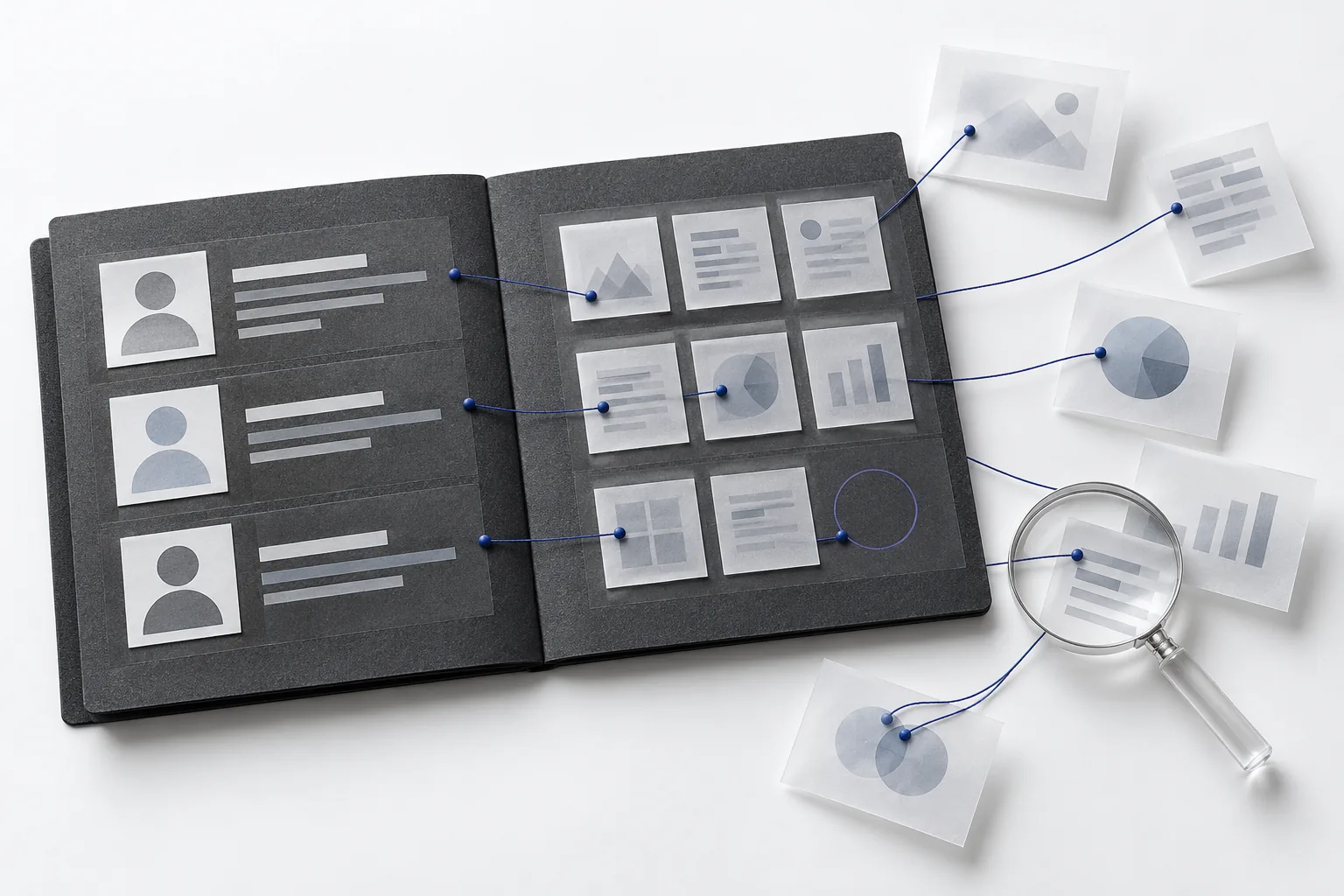 An open grey folio connects three abstract candidate records to evidence slips with indigo threads; one slot is empty and a lens rests over a source.