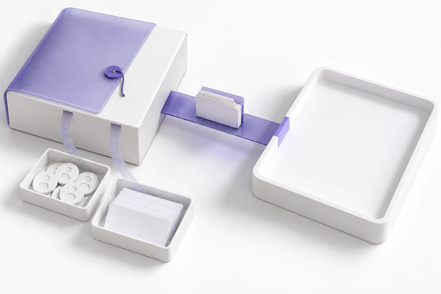 An archived pricing box with separate allowance trays stands before a bridge carrying records to a replacement workflow.