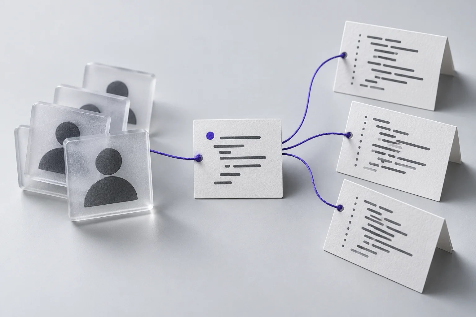 Translucent account tiles and code-review sheets connect to one evidence card through an indigo thread.