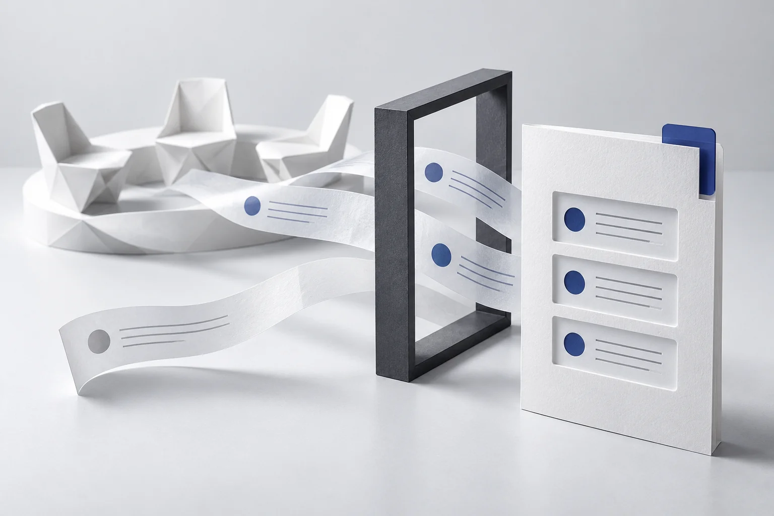 Paper requirements move from a meeting circle through a frame into one structured role brief, with an unresolved strip held aside.