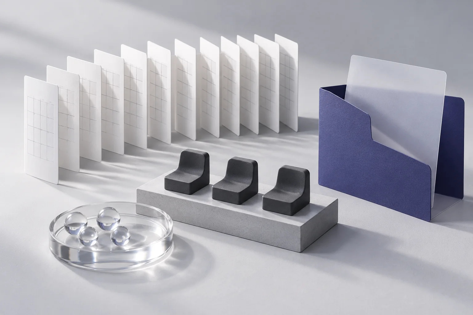 White calendar leaves stand behind three charcoal seats, an indigo folder with a blank quote sheet and a shared glass tray of counters.