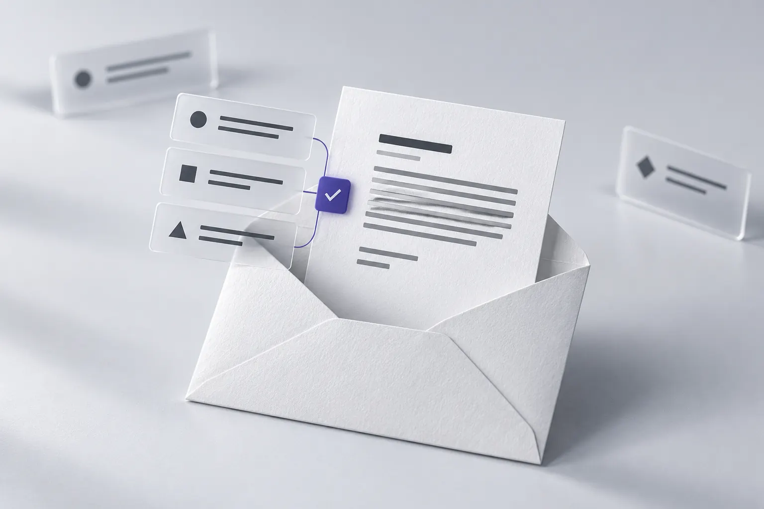 Professional evidence cards connect through an indigo approval tab to a message in a white envelope.