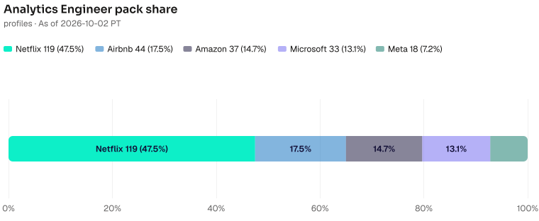 Analytics Engineer pack share of 251: Netflix 119 (47.4%), Airbnb 44 (17.5%), Amazon 37 (14.7%), Microsoft 33 (13.1%), Meta 18 (7.2%). As of 2026-10-02 PT. Source: Metix AI.