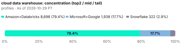 Concentration of the 10,958-profile bench. Top two Amazon+Databricks = 8,698 (79.4%); mid Microsoft+Google = 1,938 (17.7%); tail Snowflake = 322 (2.9%). As of 2026-10-29 PT. Source: Metix AI.
