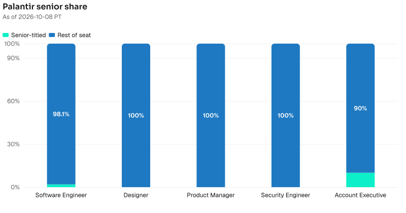 Senior share on Palantir named seats. Software Engineer: 21 of 1122 are senior-titled. Designer: 0 of 37 are senior-titled. Product Manager: 0 of 34 are senior-titled. Security Engineer: 0 of 27 are senior-titled. Account Executive: 1 of 10 are senior-titled. As of 2026-10-08 PT. Source: Metix AI.
