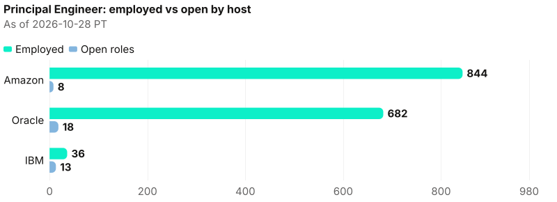 Absolute employed beside captured open roles. Ratio lead Amazon (105.5×); bench lead Amazon (844); open lead Oracle (18). As of 2026-10-28 PT. Source: Metix AI.