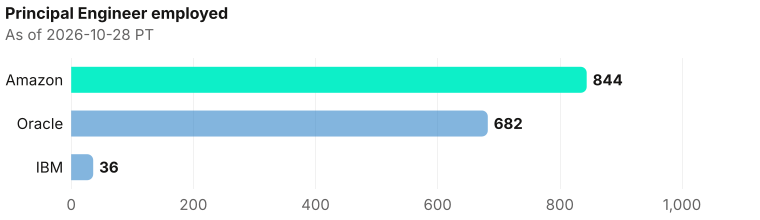 Principal Engineer employed depth, largest first. Amazon employed 844; Oracle employed 682; IBM employed 36. As of 2026-10-28 PT. Source: Metix AI.