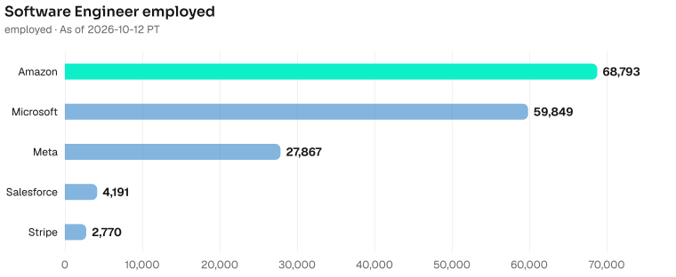 Software Engineer employed depth, largest first. Amazon employed 68793; Microsoft employed 59849; Meta employed 27867; Salesforce employed 4191; Stripe employed 2770. As of 2026-10-12 PT. Source: Metix AI.