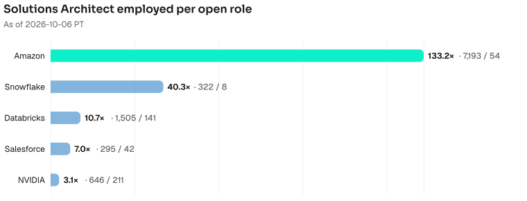 Solutions Architect employed per open role. Amazon 133.2× (7193 employed / 54 open); Snowflake 40.2× (322 employed / 8 open); Databricks 10.7× (1505 employed / 141 open); Salesforce 7.0× (295 employed / 42 open); NVIDIA 3.1× (646 employed / 211 open). As of 2026-10-06 PT. Source: Metix AI.